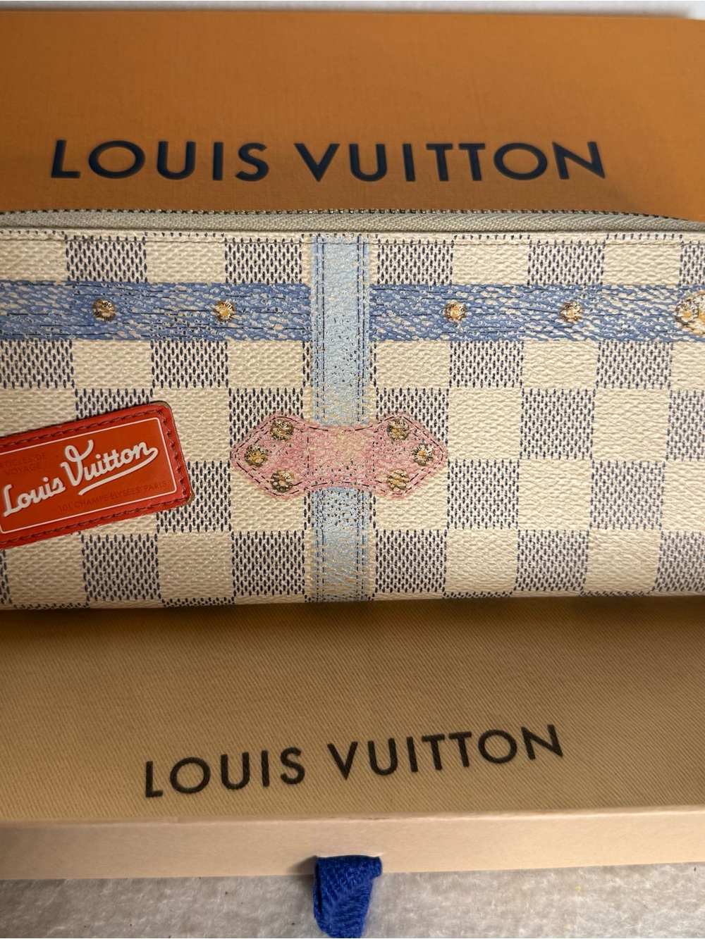 Louis Vuitton Damier Azur SunnerTrunk-Detail Zip Wallet in Blue & Pink